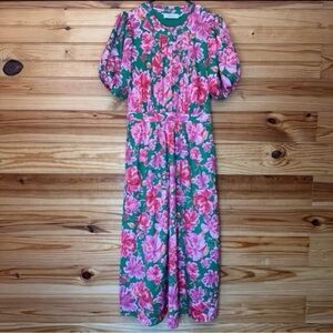 Greylin Fiona High neck Puff-Sleeve Floral Midi Dress Green Pink Women's small